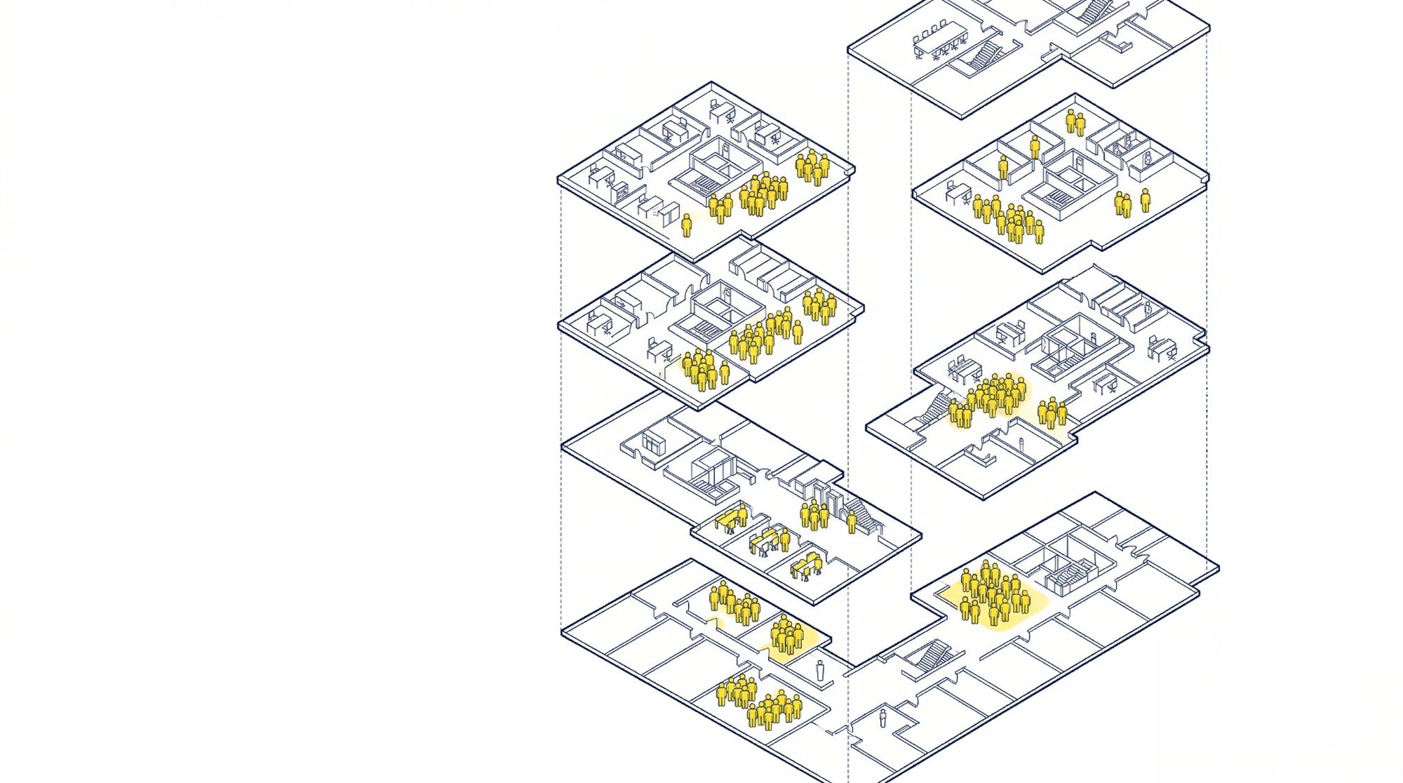 Isometric building floorplans showing occupancy levels